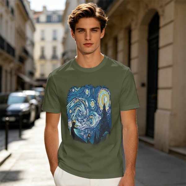 Olive T-Shirt with Starry Night Art Print