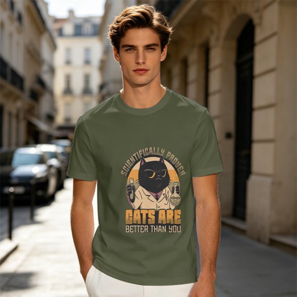 Olive green t-shirt with scientifically proven cats are better than you cat scientist print