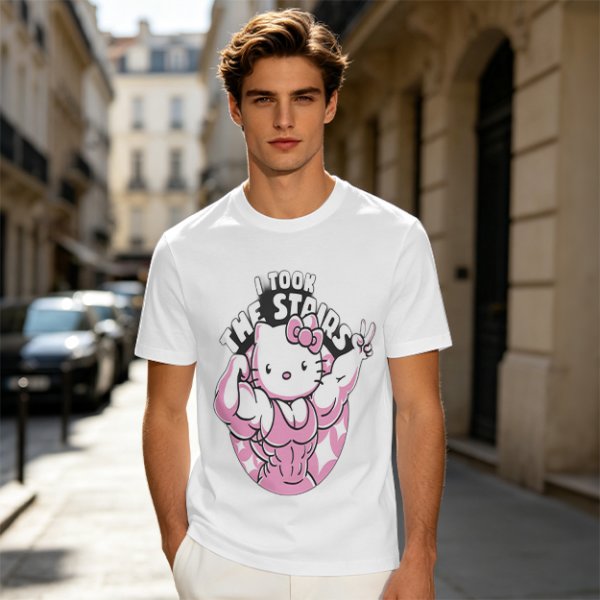 Olive t-shirt with muscular Hello Kitty graphic and 'I Took The Stairs' text