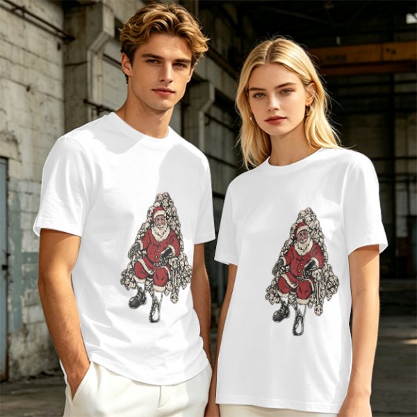 Olive T-shirt with Santa Claus on Skull Throne Graphic