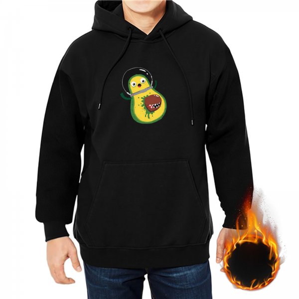 Black hoodie with a cartoon avocado astronaut graphic