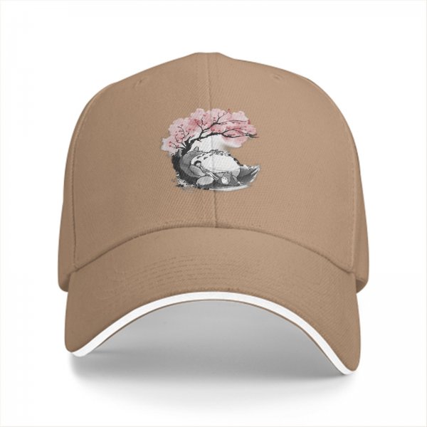 Black Baseball Cap with Cherry Blossom Tree and Whimsical Creature Print