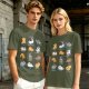 Olive Green T-Shirt With Cute Cat Yoga Pose Illustrations
