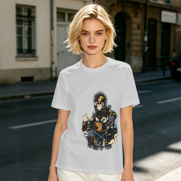 Olive Graphic T-Shirt With The Cult Of Pizza Cat Occult Artwork