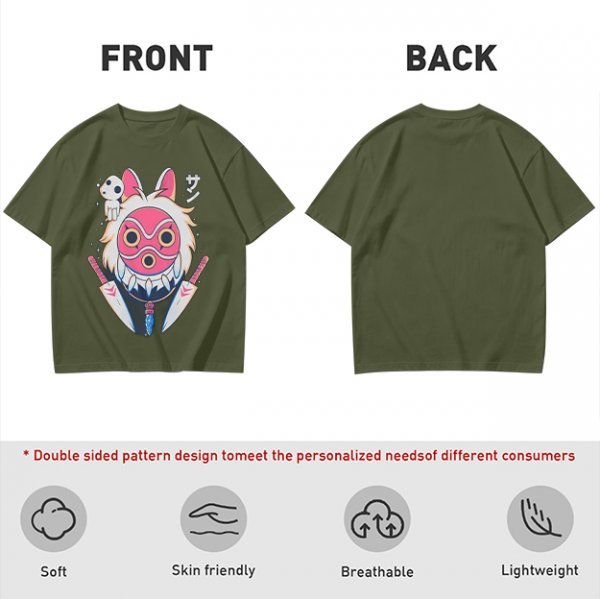 Olive T-Shirt with Princess Mononoke Mask and Kodama Print