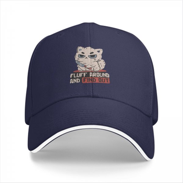 Black baseball cap with grumpy fluffy cat holding knife and 'Fluff Around And Find Out' text