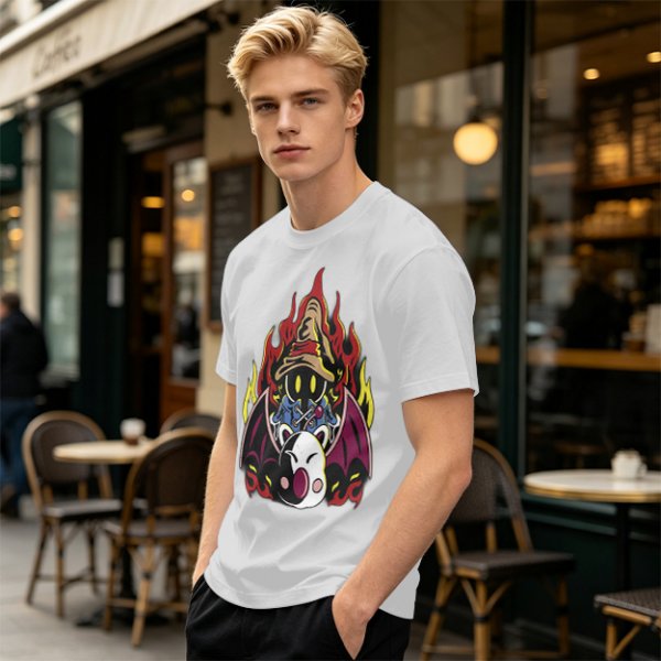 Olive T-shirt with Final Fantasy Vivi and Moogle Fire Artwork