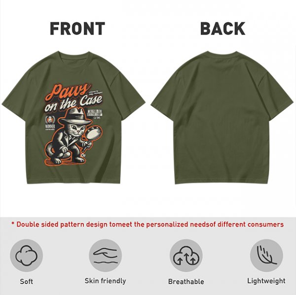 Olive t-shirt with detective cat 'Paws on the Case' graphic