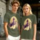 Olive t-shirt with witch flying on broom against full moon