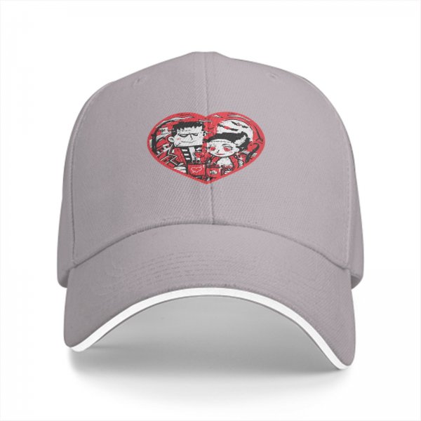 Black baseball cap with Frankenstein and bride heart graphic