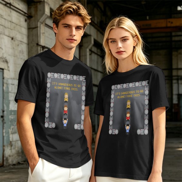 Olive t-shirt with retro video game 'It's dangerous to go alone' print