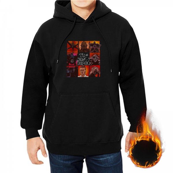Black hoodie with horror themed graphic print of characters and text
