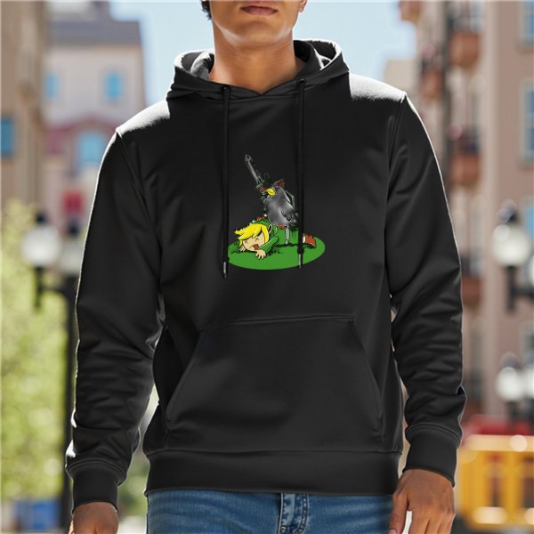 Black hoodie with cartoon Link and wolf graphic