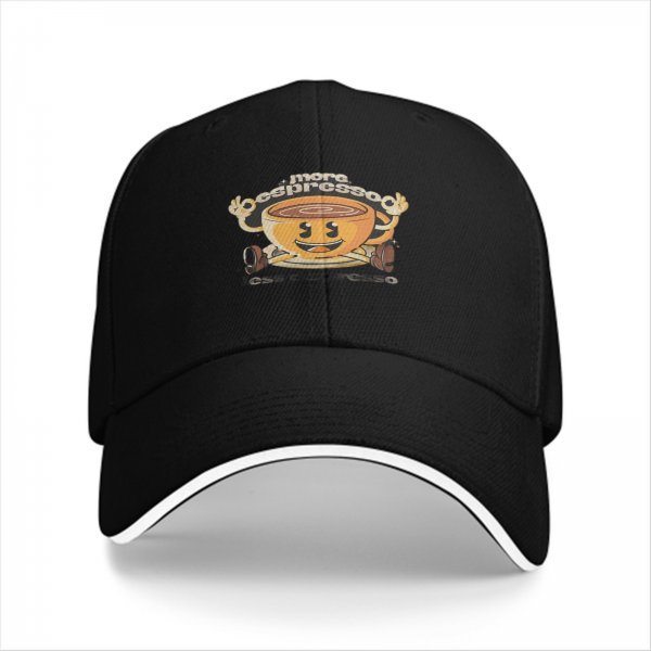 Black baseball cap with retro espresso coffee cup graphic