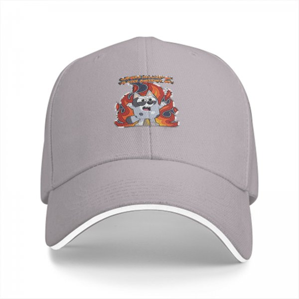 Black baseball cap with angry cartoon dog surrounded by flames graphic