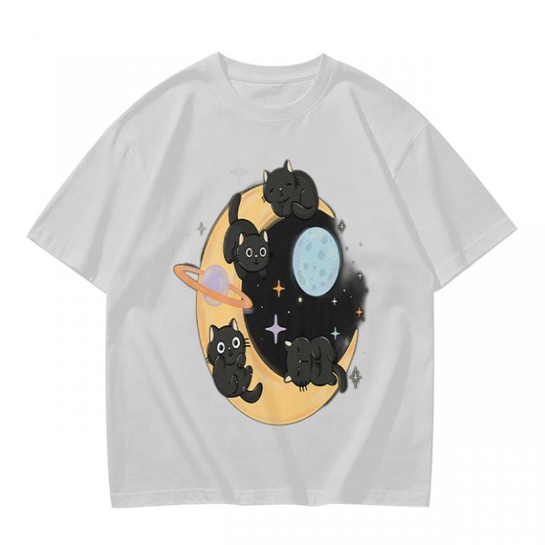 Olive T-Shirt With Black Cats On Crescent Moon Space Print