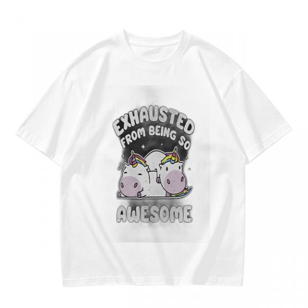 Olive t-shirt with exhausted unicorn hippo graphic and funny text