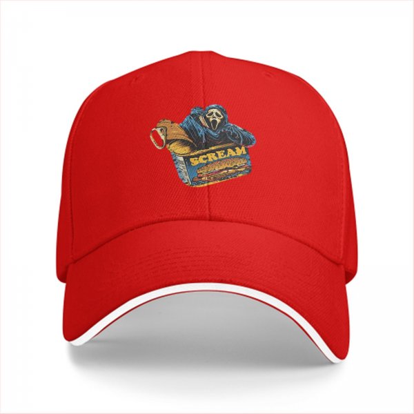 Black baseball cap with Scream Ghostface fast food themed graphic