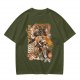 Olive green anime graphic t-shirt with monster and city scene