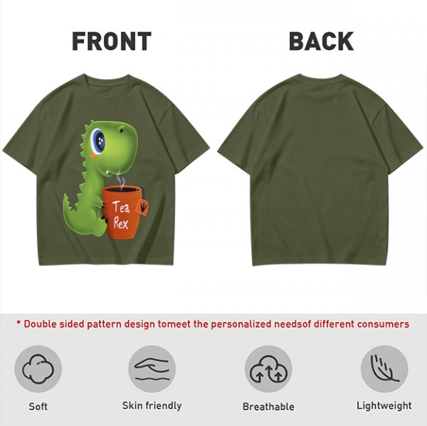 Olive green t-shirt with cute Tea Rex dinosaur holding a steaming tea mug