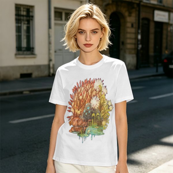 Olive Green T-Shirt with Whimsical Nature Floral and Rock Art Print
