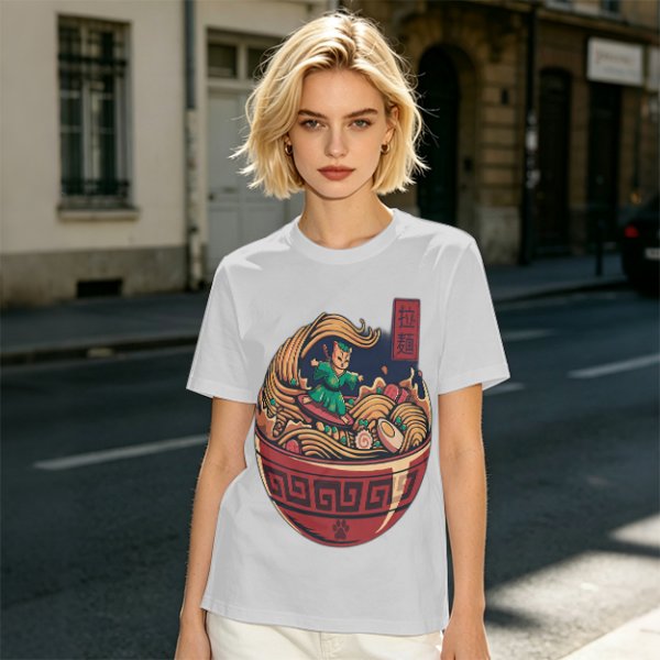Olive T-shirt with Samurai Cat Surfing Ramen Bowl Art