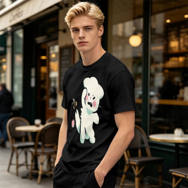 Olive T-Shirt With Angry Fluffy White Creature Swatting At Bee Print