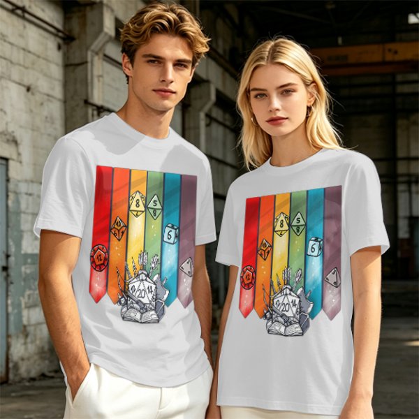 Dungeons and Dragons Polyhedral Dice Rainbow Graphic T-Shirt
