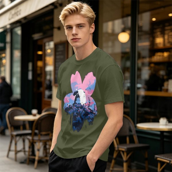 Olive T-Shirt with Sakura Flower and Whimsical Forest Creature Print