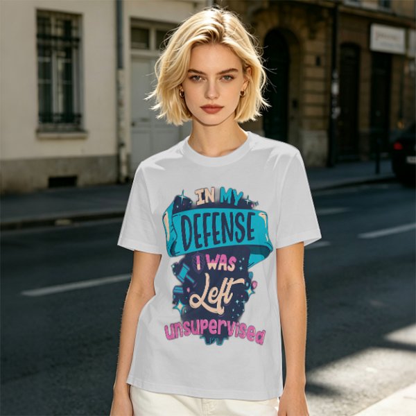 Olive t-shirt with 'In My Defense I Was Left Unsupervised' graphic