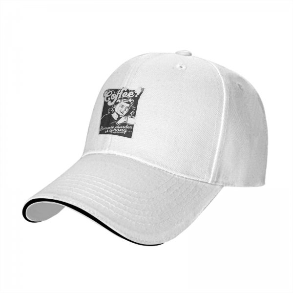 Black baseball cap with 'Coffee! Because murder is wrong' retro print