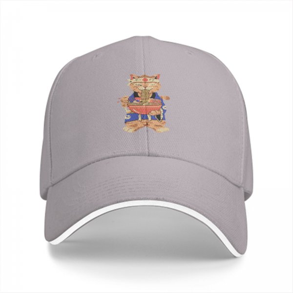 Black baseball cap with a Japanese ramen cat graphic