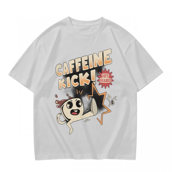 Olive graphic tee with caffeine kick cartoon coffee cup design
