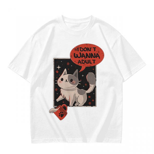 Olive cat graphic t-shirt with 'I don't wanna adult' print