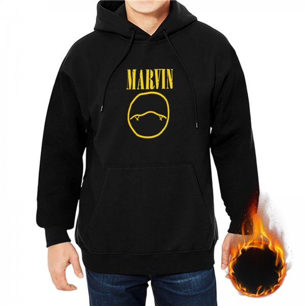 Black hoodie with Marvin text and sad face graphic