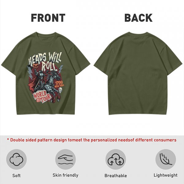 Olive graphic t-shirt featuring Headless Horseman 'Heads Will Roll World Tour' print