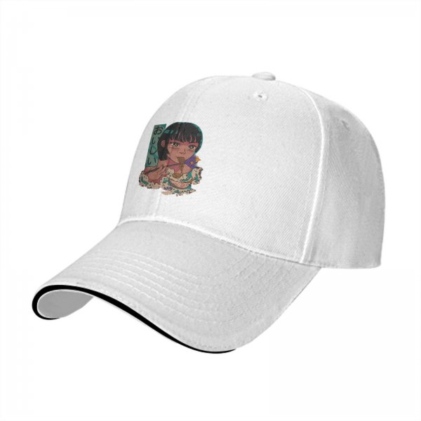 Black baseball cap with anime girl eating ramen graphic
