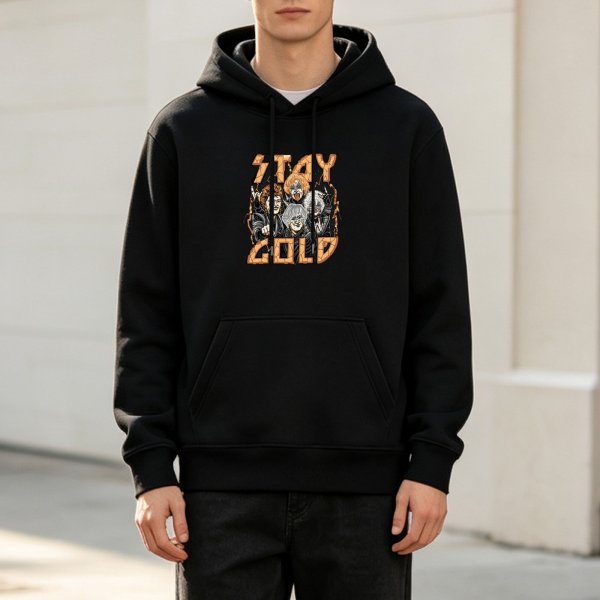 Black hoodie with 'STAY GOLD' graphic and illustrated character art