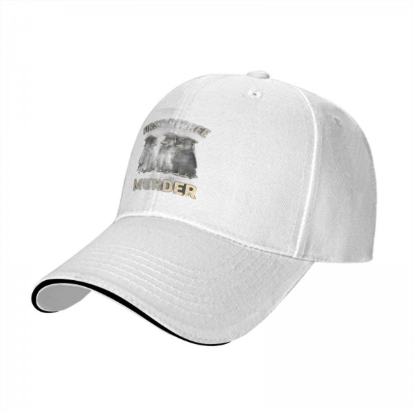 Black baseball cap with 'First Three Murder' and graduation penguins graphic