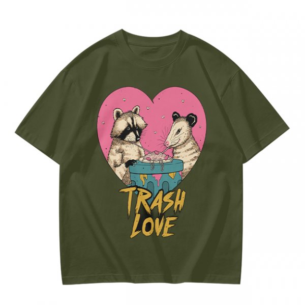 Olive Graphic T-Shirt with Raccoon and Opossum Trash Love Design