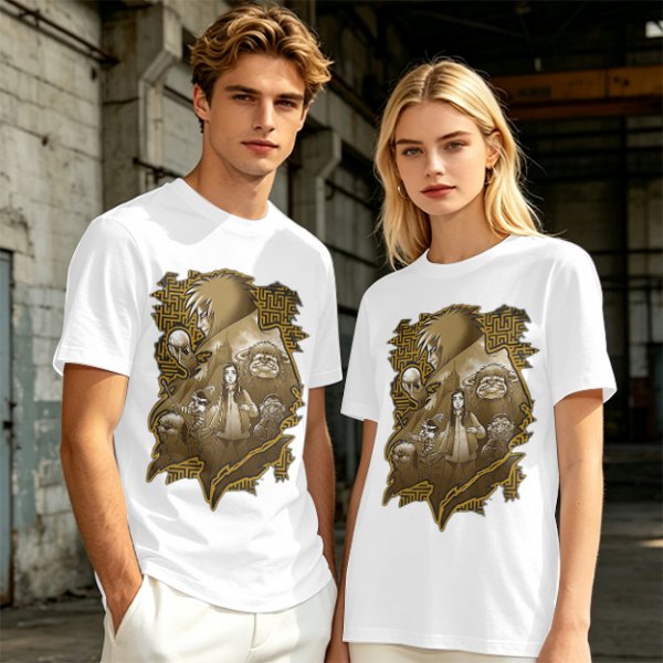 Olive T-Shirt with Fantasy Character Group Graphic Print