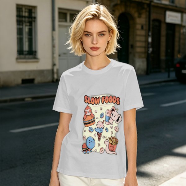 Olive green graphic t-shirt with slow foods animal fast food mashup print