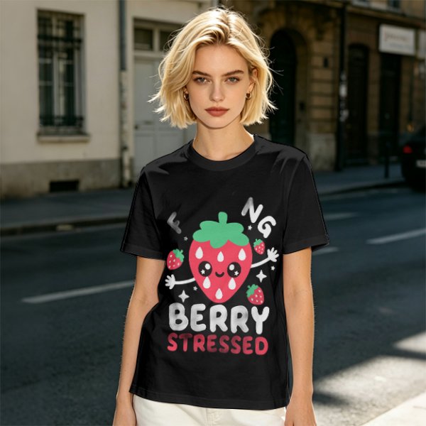 Olive graphic t-shirt with crying strawberry and 'berry stressed' text