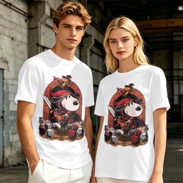 Olive T-Shirt Featuring Snoopy as a Fantasy Warrior with Woodstock