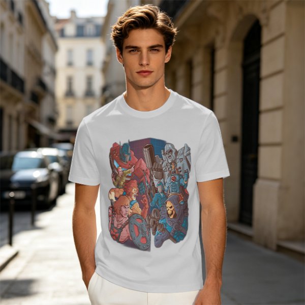 Olive T-shirt with 80s cartoon character crossover graphic