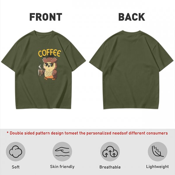 Owl Holding Coffee Mug Graphic Olive T-Shirt
