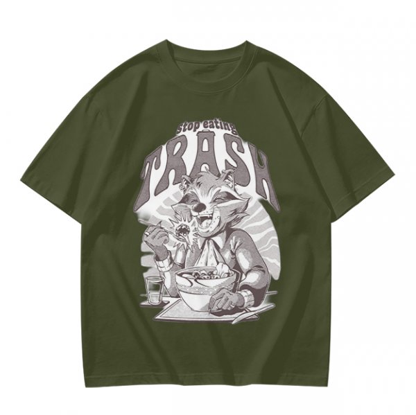 Olive graphic t-shirt with raccoon eating and 'Stop eating TRASH' print