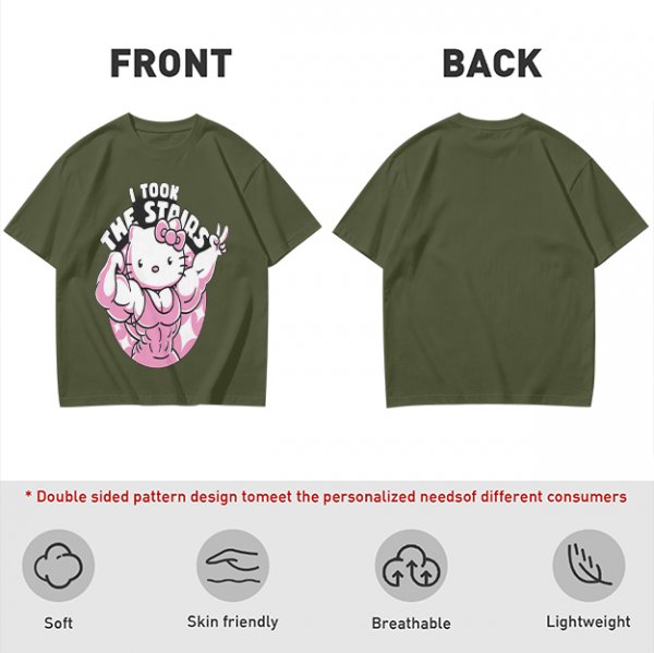 Olive t-shirt with muscular Hello Kitty graphic and 'I Took The Stairs' text