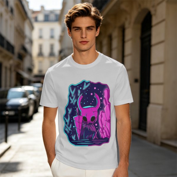 Olive Green T-Shirt With Neon Hollow Knight Character Art