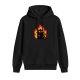 Black hoodie with a cartoon black cat holding a lighter surrounded by flames